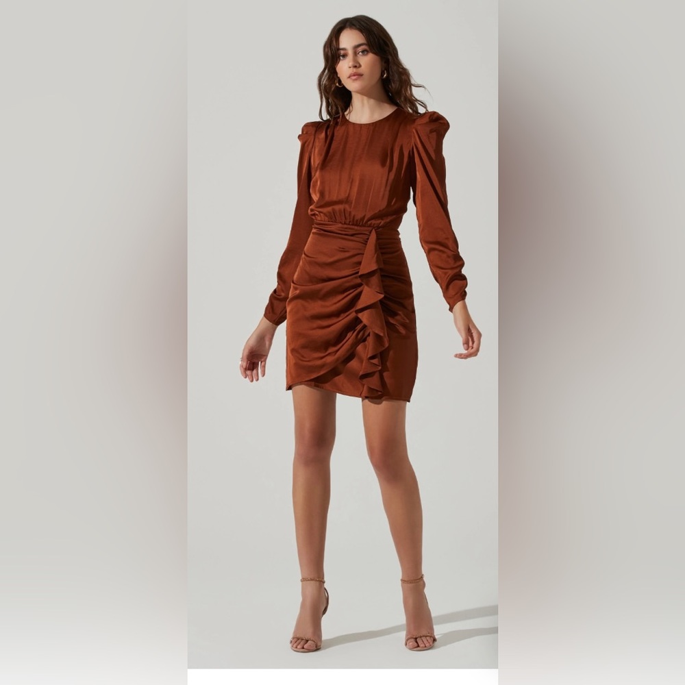ASTR the label long sleeve front ruffle mini dress, size M, in brown